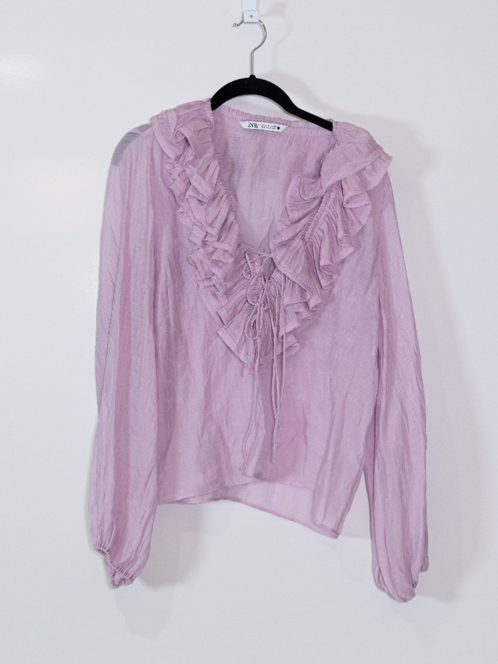 Zara Women's V Neck Flirty Ruffle Collar Long Sleeve Lightweight Blouse Purple M